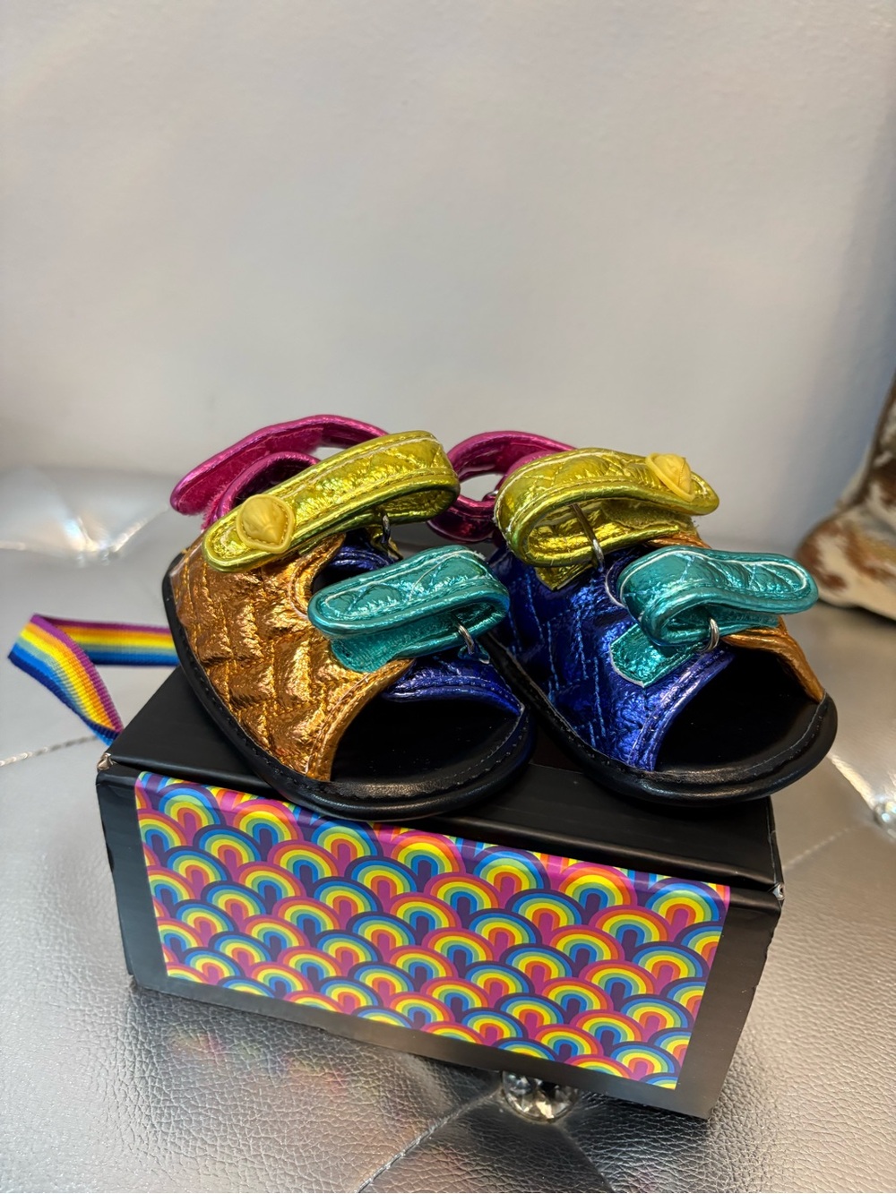 Kurt Geiger Metallic Rainbow Kids Buckle Sandals - Gold, Blue, Teal, Pink
